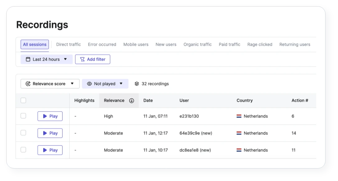Opnames activiteiten van gebruikers in Hotjar